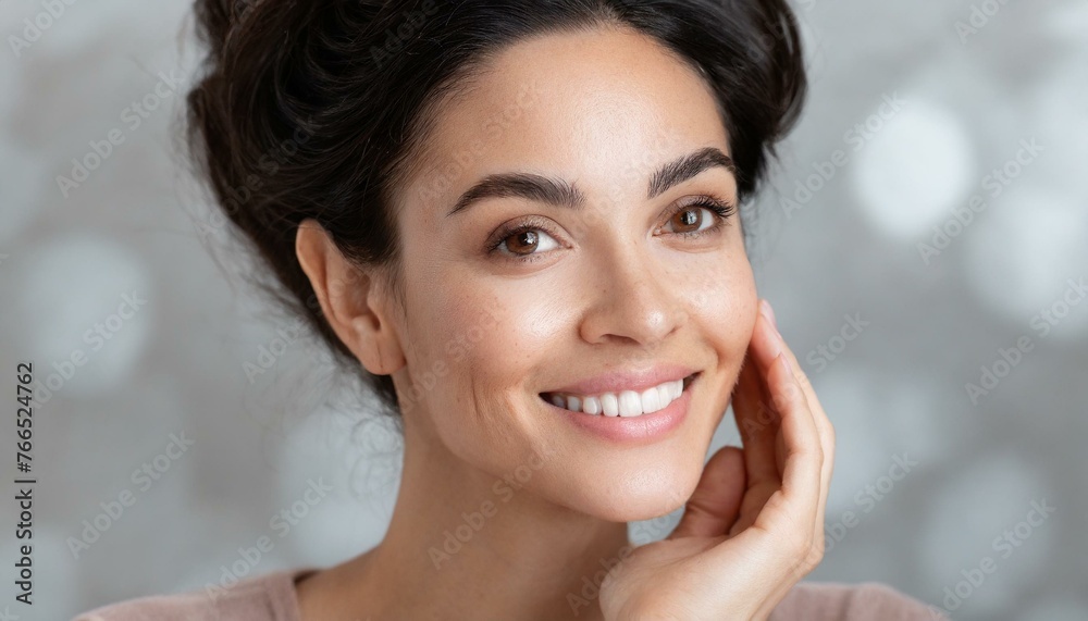 Smiling woman with a hand gently touching her face, displaying clear skin and a joyful expression Smiling woman with a hand gently touching her face, displaying clear skin and a joyful expression