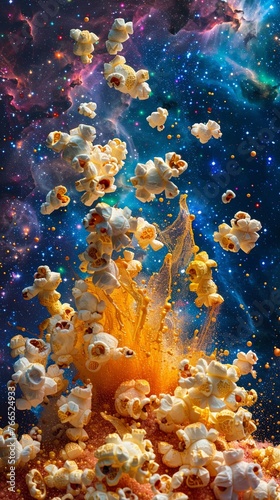 Embark on a celestial adventure as popcorn erupts into a dazzling display, its kernels splashing out in a kaleidoscope of colors against the backdrop of a galaxy