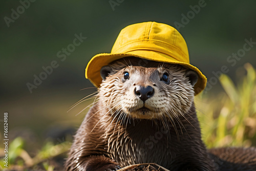 an otter wearing a yellow hat