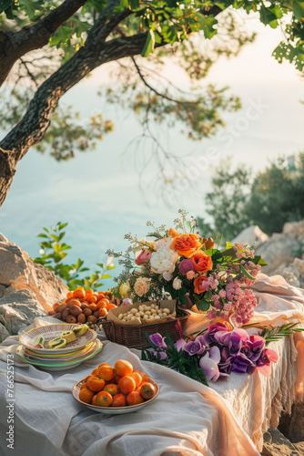 Outdoor table set with tablecloth in the garden. Generative AI