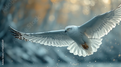 Graceful seagull soaring with wings spread wide, against a backdrop of softly falling snow and muted winter colors