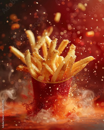 Watch as fried french fries burst with flavor  jumping and spreading against a fiery red screen   High detail  High resolution 