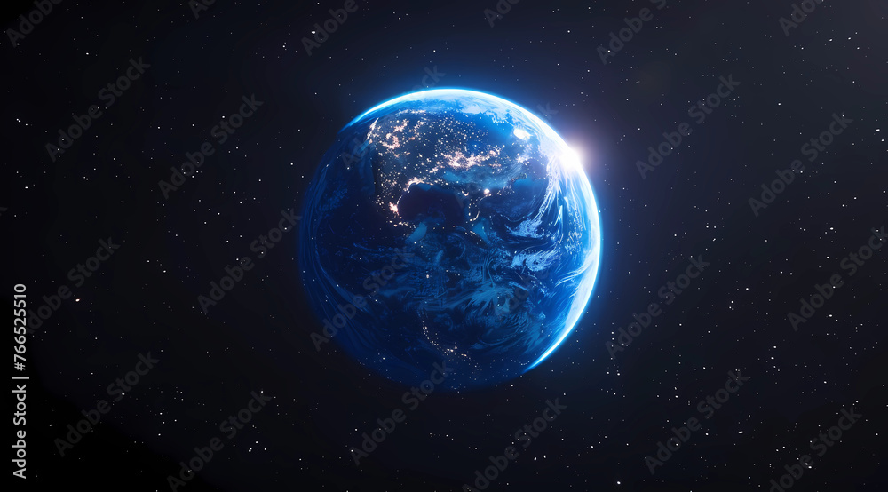 A blue glowing earth in space with the sun shining