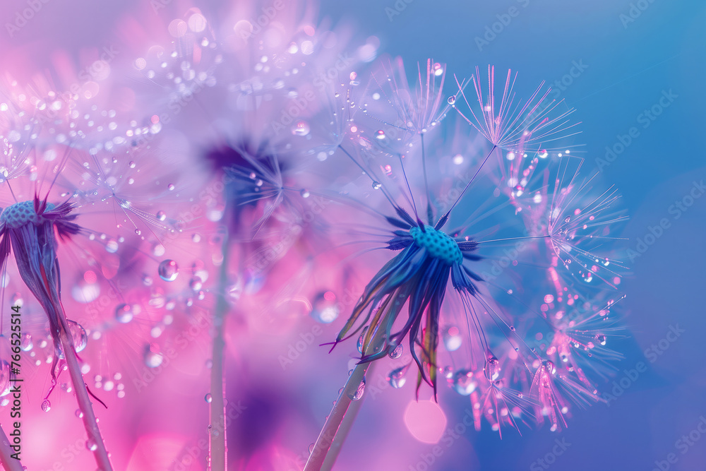 A close up of a flower with water droplets on it. The flower is pink and has a blue center. Beautiful dew drops on a dandelion seed macro. Beautiful soft light blue and violet background A close up of a flower with water droplets on it. The flower is pink and has a blue center. Beautiful dew drops on a dandelion seed macro. Beautiful soft light blue and violet background