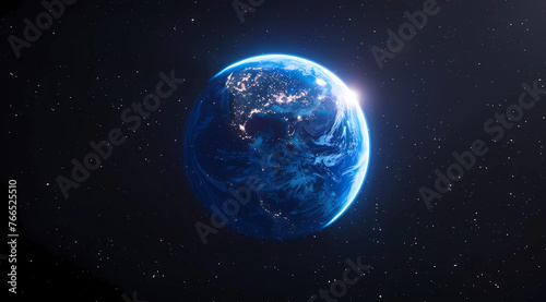 A blue glowing earth in space with the sun shining