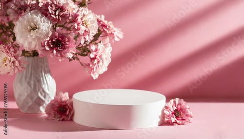  Round podium platform stand for beauty product presentation and beautiful flowers on pink background. with shadows. Front view