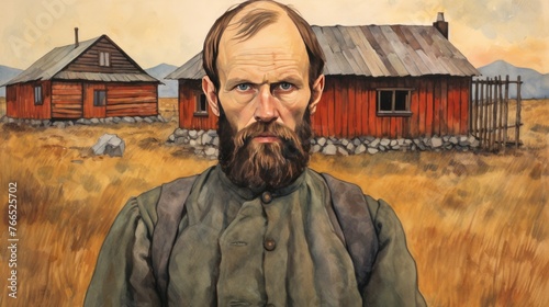 A man with a beard stands in front of a red house