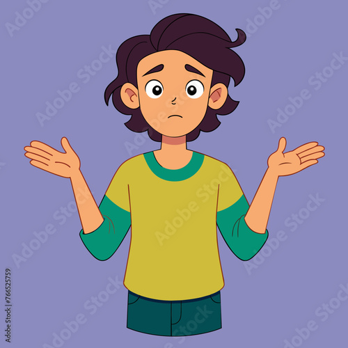 unhappy, surprised, shocked, puzzled, making difficult choice young man spreading his arms, shrugging shoulders. Concept of confusion, uncertainty, deadline, I don't know, insecurity, oops