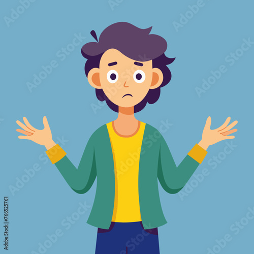 unhappy, surprised, shocked, puzzled, making difficult choice young man spreading his arms, shrugging shoulders. Concept of confusion, uncertainty, deadline, I don't know, insecurity, oops