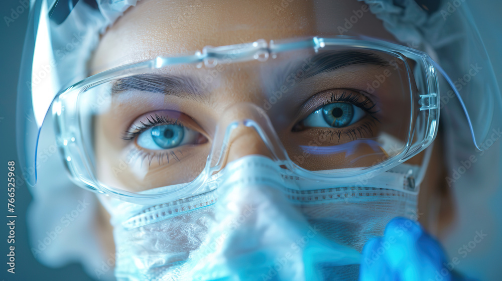 Beautiful and happy eyes of a doctor in a mask and goggles after a difficult and successful operation. Beautiful and happy eyes of a doctor in a mask and goggles after a difficult and successful operation.