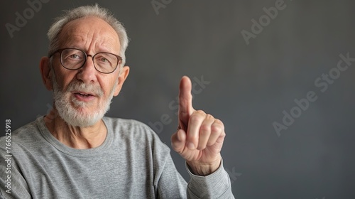 Senior man in gray shirt pointing with index finger to important information on copy space. Man pointing at something on gray background, closeup of hand