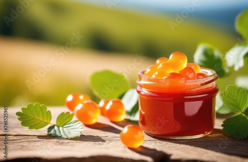 glass jar of cloudberry jam on a wooden table, ripe cloudberries, orchard, green background, sunny day photo