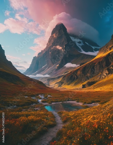 A breathtaking view of a towering mountain peak bathed in the warm glow of a sunset, with a river flowing through a colorful, flower-filled valley.