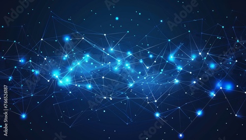 Abstract digital background with glowing network connections and nodes on dark blue backdrop