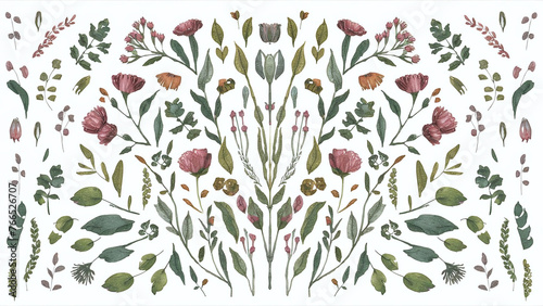 A captivating design featuring a beautiful watercolor pseudo-illustration of various botanical elements, including flowers, leaves, and stems. The illustrations are arranged in a symmetrical and harmo