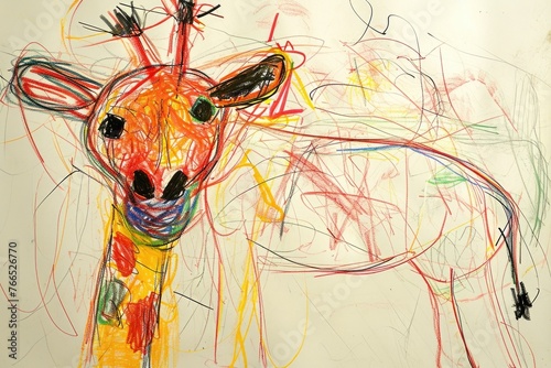 The hand drawing colourful picture of giraffe that has been drawn by the colored pencil, crayon or chalk on the white blank background that seem to be drawn by the child that willing to draw. AIGX01. photo