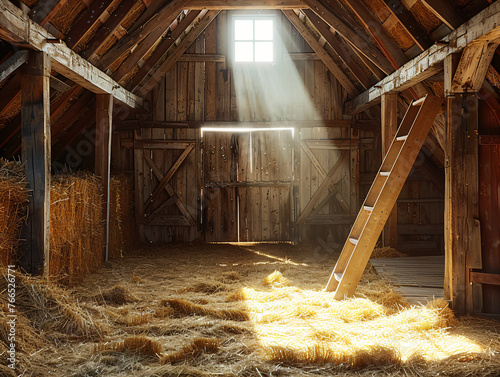 Golden sunbeams piercing through an old barn's wooden planks. Vintage barn with sunlit hay and rustic ambiance. Farm life nostalgia and quietude concept for design and print