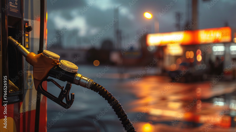 Close-up photo of gasoline pump and hoses for refueling cars. - obrazy, fototapety, plakaty 