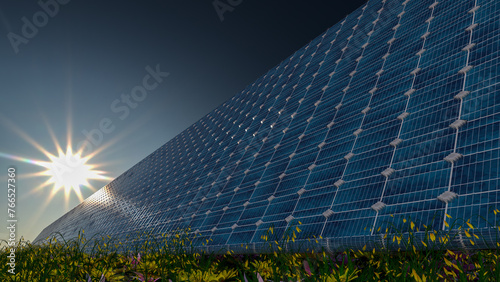 Solar panel background. Sun Above the Solar Farm. 3d rendering (ID: 766527360)