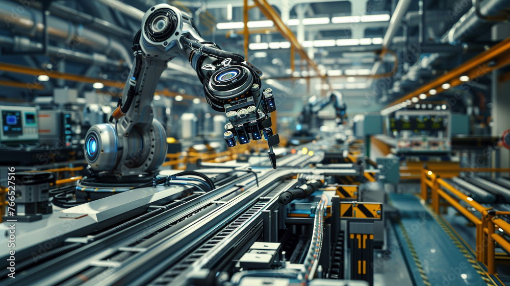 Robotic Arm in Action on Factory Assembly Line Robotic Arm in Action on Factory Assembly Line