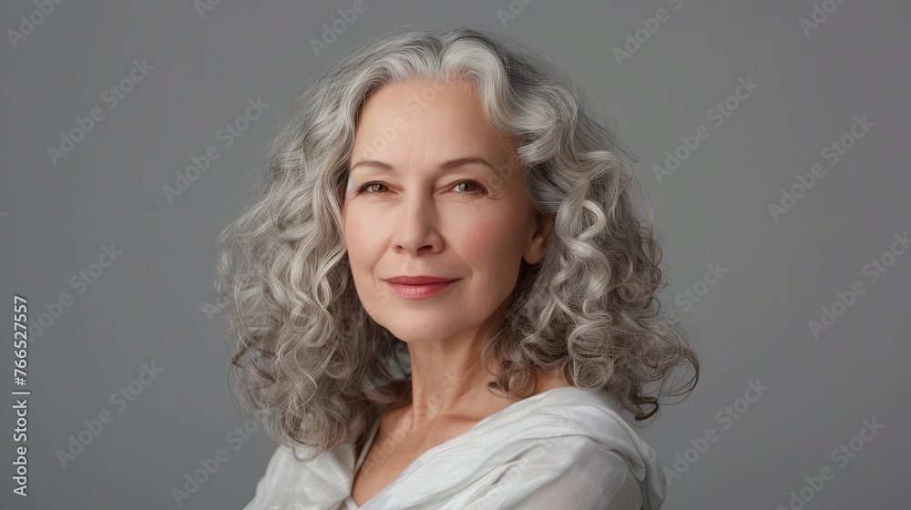 Portrait of happy senior woman smiling at home. Old man relaxing Portrait of elderly woman enjoying retirement. isolated on gray background, with copy space. white shirt