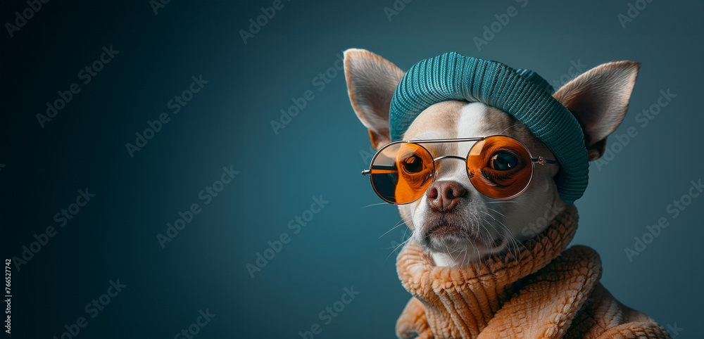 A dog is wearing a blue hat and glasses. The dog is wearing a sweater and he is posing for a photo. the quintessential 1960s mid-century space-age fashion. Funny animal