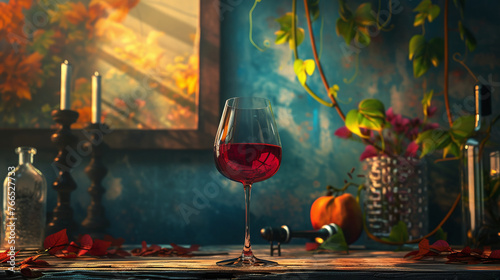 Glass of red wine on rustic background. Frontal view with space for your text.