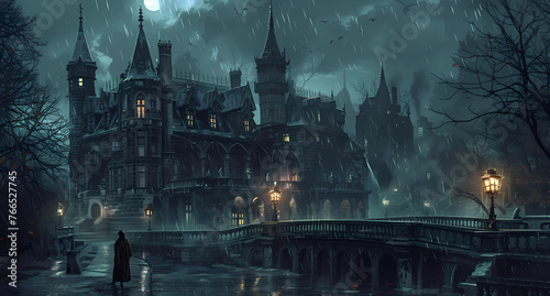 A dark gothic mansion with ghostly lights and eerie shadows
