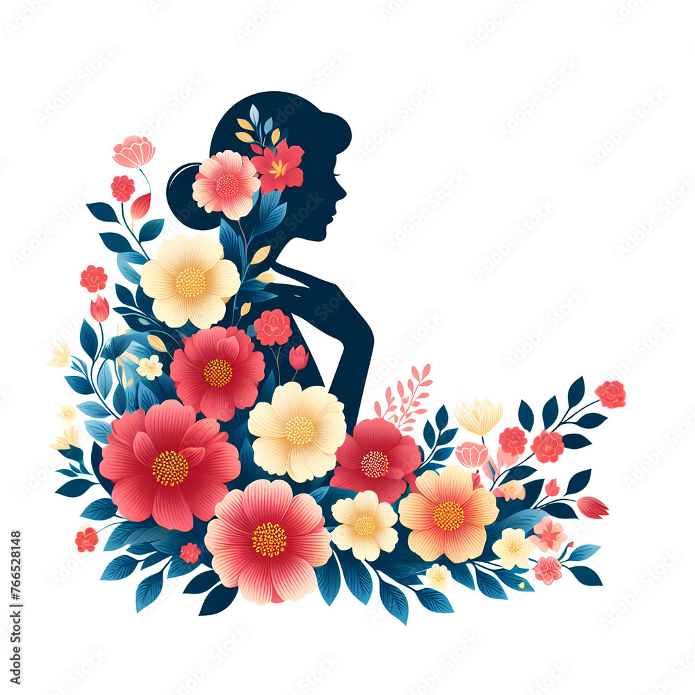 Graphic illustration with the silhouette of a woman surrounded by flowers to congratulate
