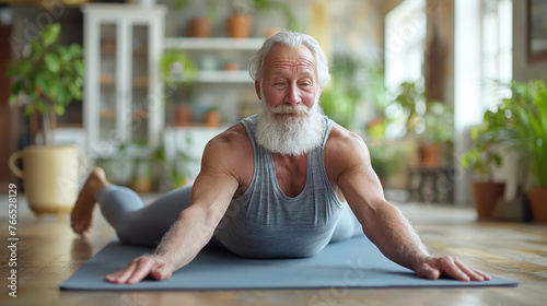 Athletic elderly man doing back stretching and core strengthening on yoga mat photo