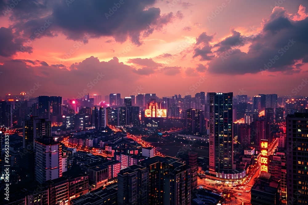 Thriving Metropolis Cityscape Dazzling in Vibrant Sunset Colors and Glowing Lights across Soaring Skyscrapers and Bustling Urban Landscape