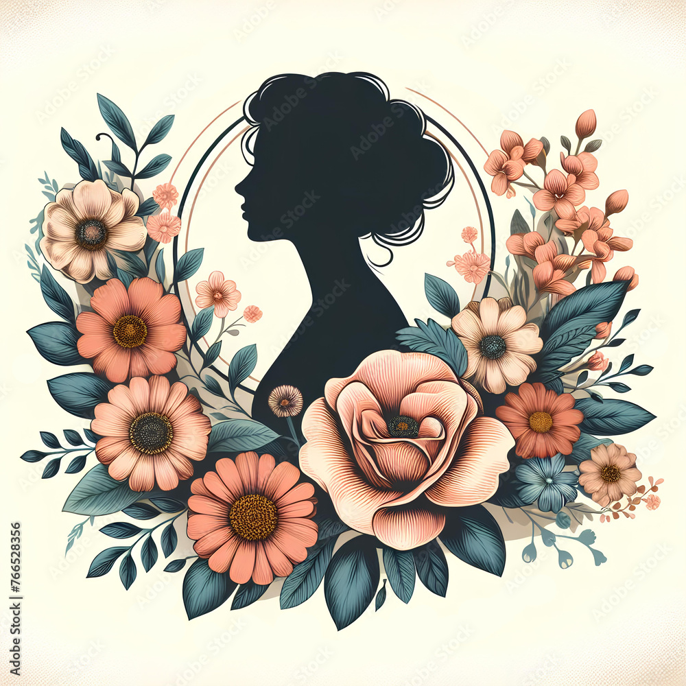 Graphic illustration with the silhouette of a woman surrounded by flowers to congratulate