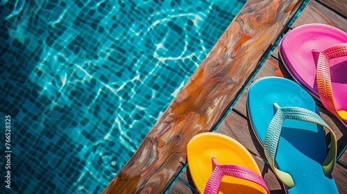 Brightly colored flip-flops of the family on wooden background near the pool top view
