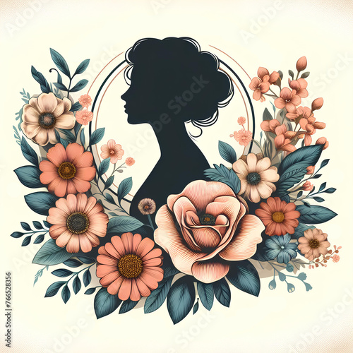 Obraz na płótnie Graphic illustration with the silhouette of a woman surrounded by flowers to congratulate w salonie