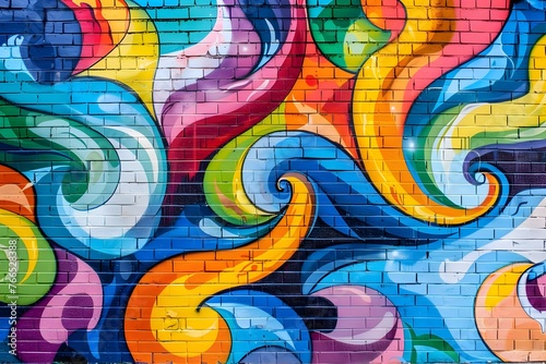 Vibrant and abstract street art mural with swirling shapes and bold colors,perfect for digital wallpapers,banners,or backgrounds