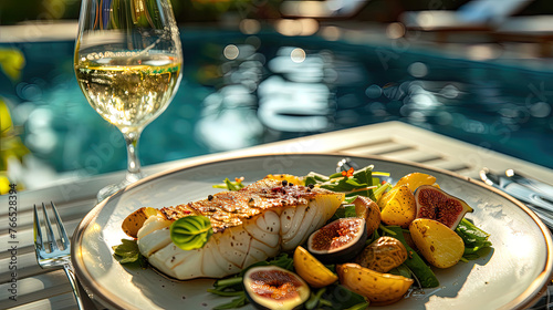 Breakfast with grilled fish steak. Dinner with fish and a glass of white wine while relaxing near the pool. © Yury Fedyaev