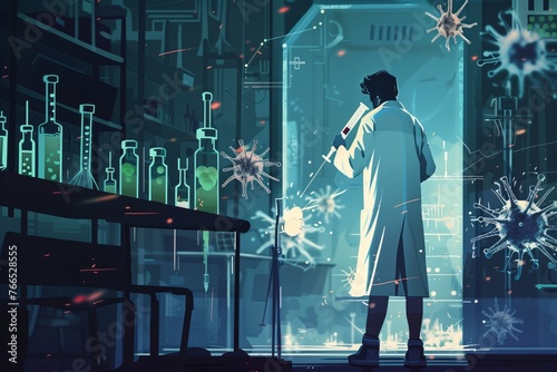 Doctor in white coat and medical mask, with large vaccine syringe fights combat viruses. Healthcare battle against infectious diseases, flu, smallpox, measles and coronavirus.  photo