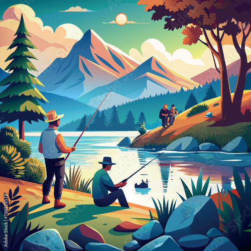 man, fishing, nature, recreation, river, water, blue, forest, green, trees, fishing rod, bait, fish, catching, vector, art, illustration, mountains, sky, hat © Nina