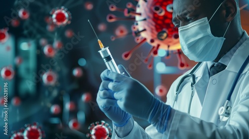 Doctor in white coat and medical mask, with large vaccine syringe fights combat viruses. Healthcare battle against infectious diseases, flu, smallpox, measles and coronavirus. 