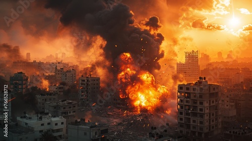 War Zone - Modern war in urban area  ruined buildings  explosions  smoke and fire 