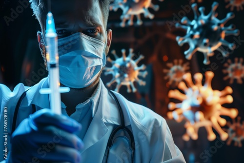 Doctor in white coat and medical mask, with large vaccine syringe fights combat viruses. Healthcare battle against infectious diseases, flu, smallpox, measles and coronavirus.  photo