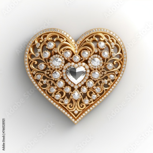 Openwork gold heart with precious stones on a white background