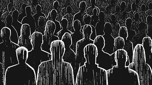The black and white drawing depicts a crowd of people and we see many faceless figures. The concept of public events, gatherings of civilians. All people are gray and stand densely in the space.