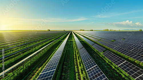 Solar Panels Generating Clean Energy in a Vast Field under Clear Blue Sky