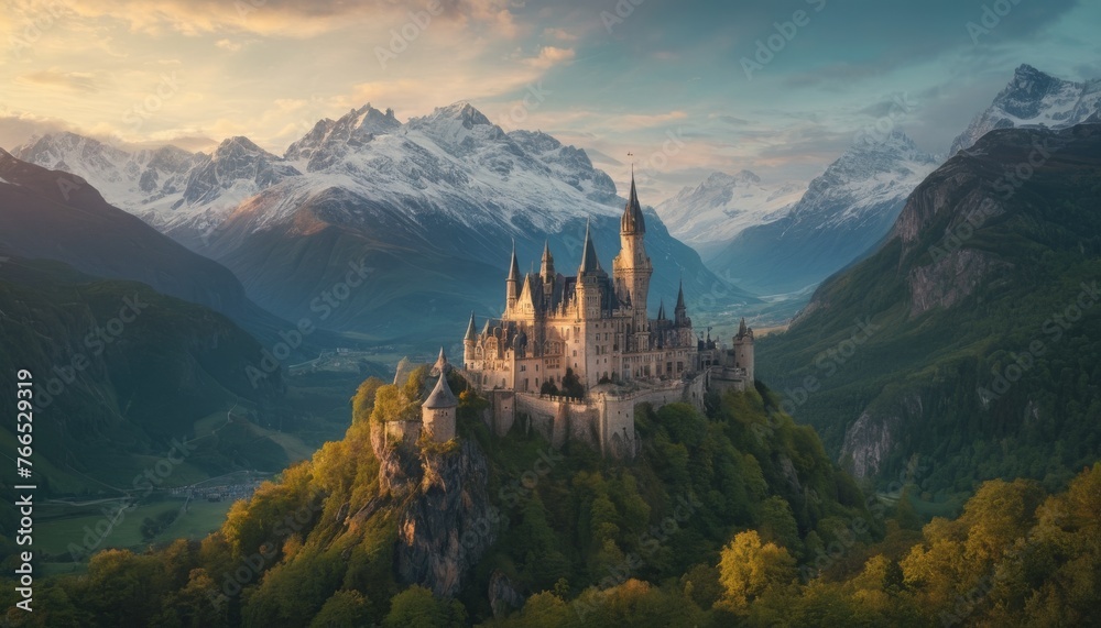 An enchanting castle perched on a craggy cliff, its spires reaching for the sky against a dramatic backdrop of snow-capped mountains and a verdant valley below, bathed in the golden light of dawn. - obrazy, fototapety, plakaty 