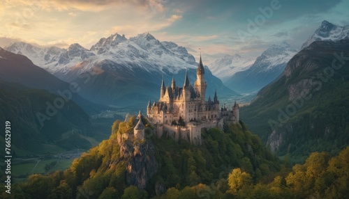 An enchanting castle perched on a craggy cliff, its spires reaching for the sky against a dramatic backdrop of snow-capped mountains and a verdant valley below, bathed in the golden light of dawn.