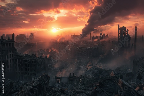 War zone - demolished city with smoke and ruins