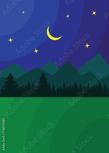 Beautiful Midnight Mountain Field illustration Mobile Wallpaper Background