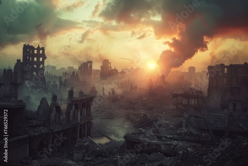 War zone - demolished city with smoke and ruins