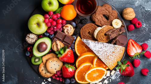 On the plate there are a lot of fruits, berries, cookies, sweet pastries. On a black background.